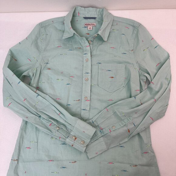 Merona Long Sleeve 1/4 Button Collared Mint Multicolor Swimmers Women's Sz Small - Picture 4 of 16